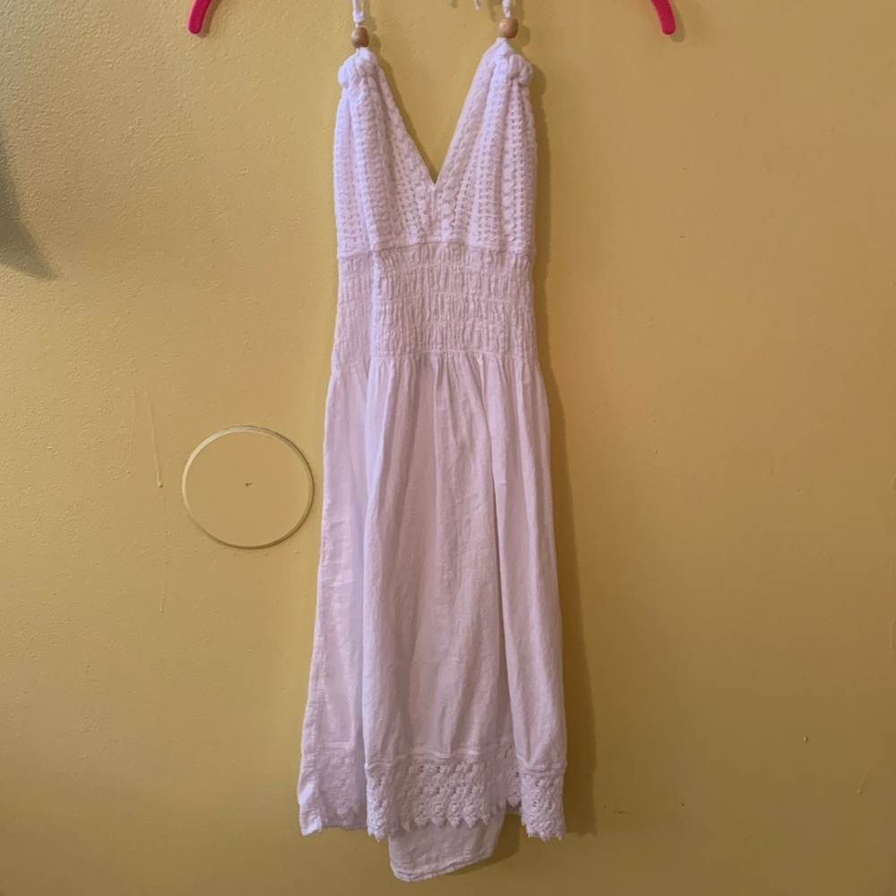 White Crochet Beach Dress with Wooden Beads Size M